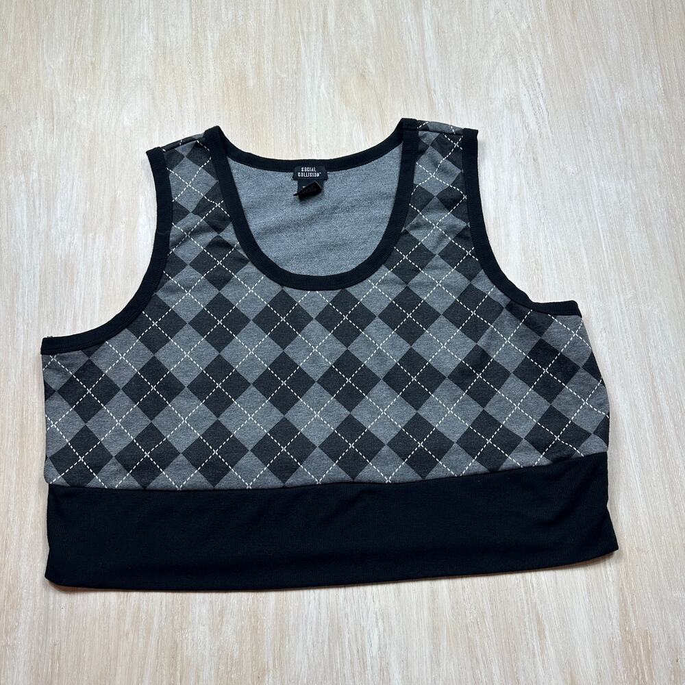Social Collision Plus Y2K Argyle Dark Academia Preppy Grunge Crop Tank Top 5X